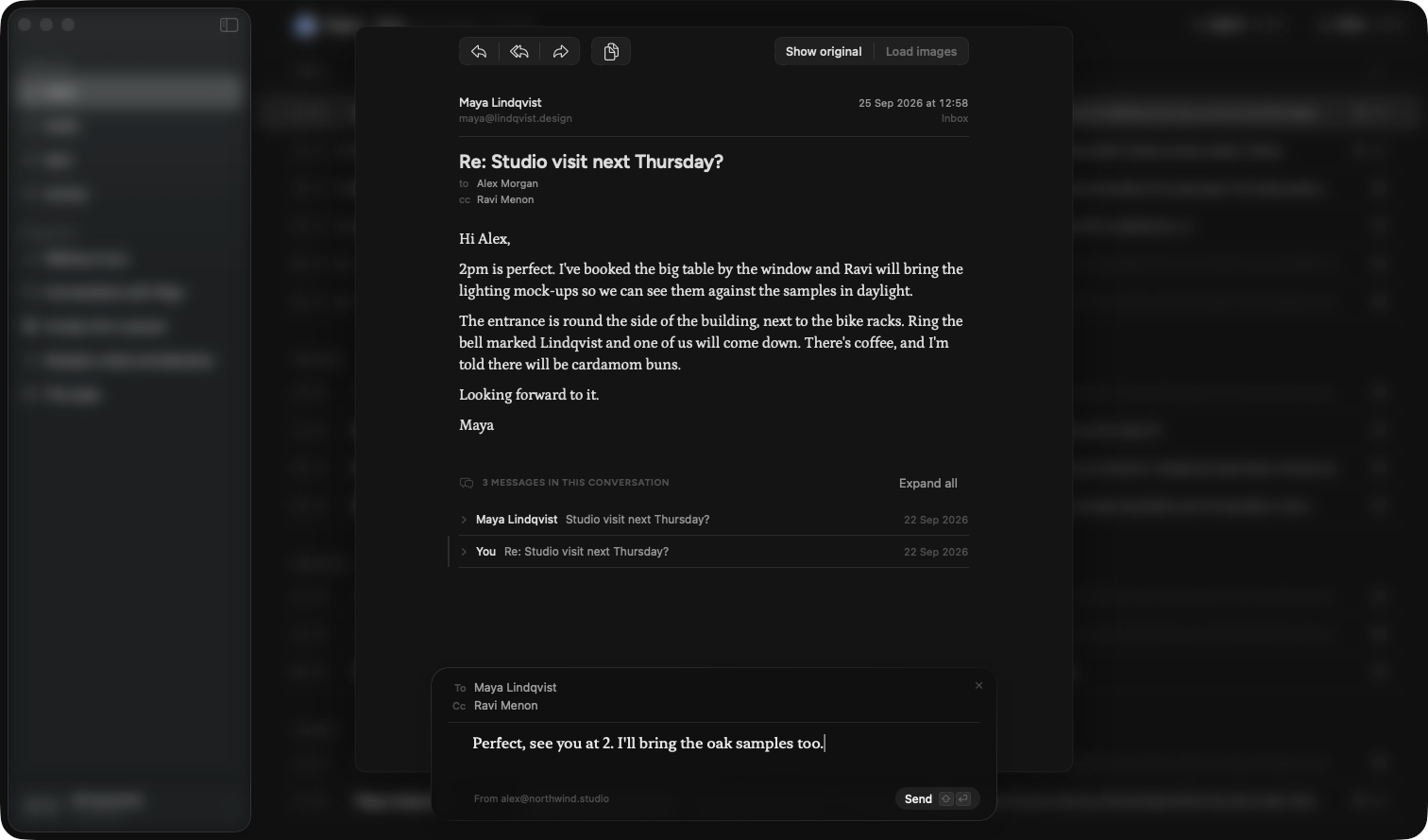 Pigeon's quick reply box under an email, addressed to Maya Lindqvist and Ravi Menon